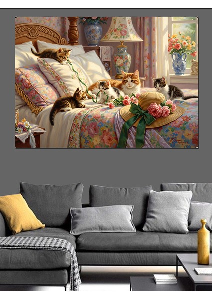 Çiçekli Yatakta Anne Kedi ve Yavruları Sevimli Dekoratif Kanvas - Mdf Ahşap Tablo fiyatları