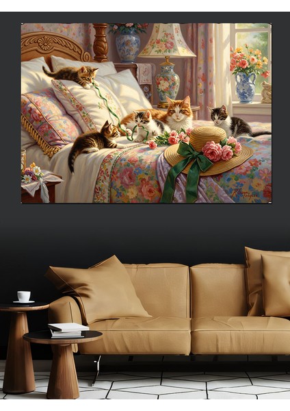 Çiçekli Yatakta Anne Kedi ve Yavruları Sevimli Dekoratif Kanvas - Mdf Ahşap Tablo modelleri