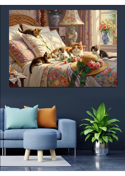 Çiçekli Yatakta Anne Kedi ve Yavruları Sevimli Dekoratif Kanvas - Mdf Ahşap Tablo fırsatları
