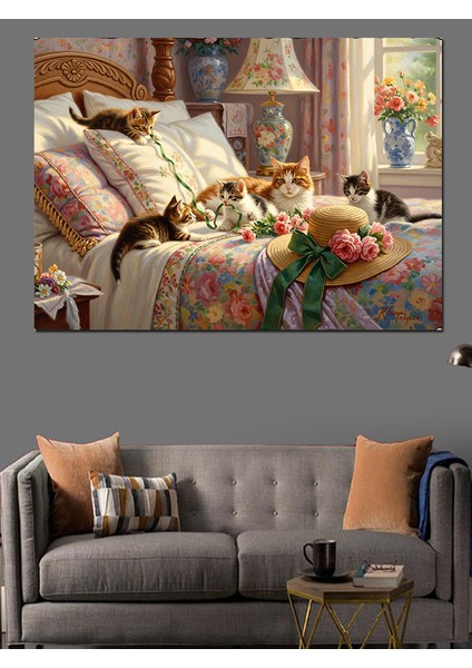 Çiçekli Yatakta Anne Kedi ve Yavruları Sevimli Dekoratif Kanvas - Mdf Ahşap Tablo indirimleri