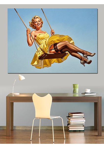 Salıncakta Sallanan Mutlu Retro Kadın Dekoratif Kanvas - Mdf Ahşap Tablo fiyatları