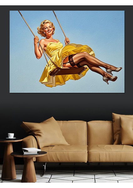 Salıncakta Sallanan Mutlu Retro Kadın Dekoratif Kanvas - Mdf Ahşap Tablo fırsatları