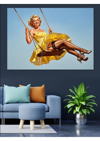 Salıncakta Sallanan Mutlu Retro Kadın Dekoratif Kanvas - Mdf Ahşap Tablo indirimleri