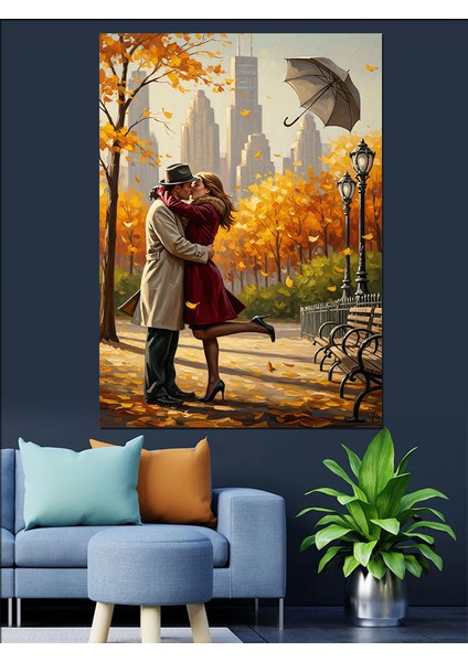 Sonbaharda Sarılan Aşık Çift Dekoratif Kanvas - Mdf Ahşap Tablo