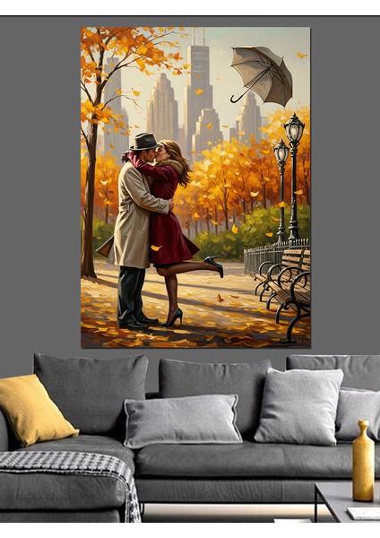 Sonbaharda Sarılan Aşık Çift Dekoratif Kanvas - Mdf Ahşap Tablo fırsatları