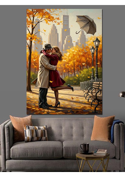 Sonbaharda Sarılan Aşık Çift Dekoratif Kanvas - Mdf Ahşap Tablo indirimleri