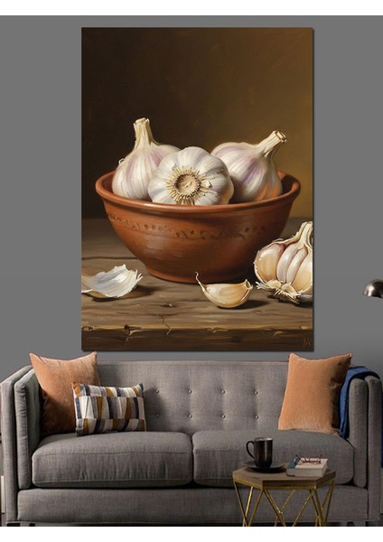 Ahşap Kapta Sarımsak Dişleri Dekoratif Kanvas - Mdf Ahşap Tablo