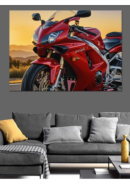 Kırmızı Kızıl ve Kum Rengi Motosiklet Dekoratif Kanvas - Mdf Ahşap Tablo