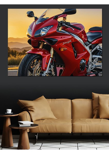 Kırmızı Kızıl ve Kum Rengi Motosiklet Dekoratif Kanvas - Mdf Ahşap Tablo fiyatları