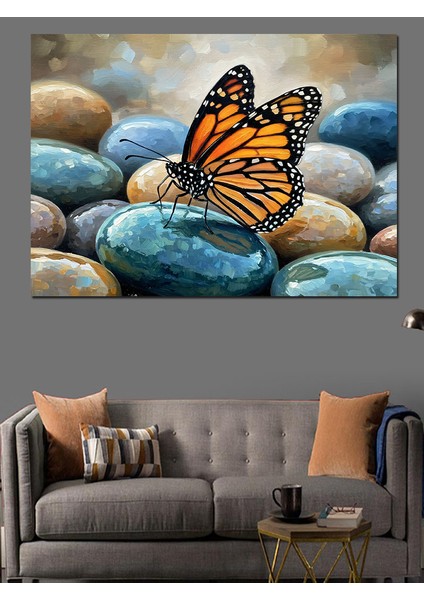 Kelebek ve Çakıl Taşları Dekoratif Kanvas - Mdf Ahşap Tablo