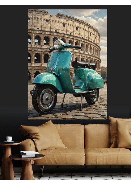 Roma'da Klasik Mavi Vespa Dekoratif Kanvas - Mdf Ahşap Tablo