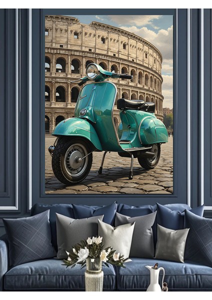 Roma'da Klasik Mavi Vespa Dekoratif Kanvas - Mdf Ahşap Tablo fiyatları