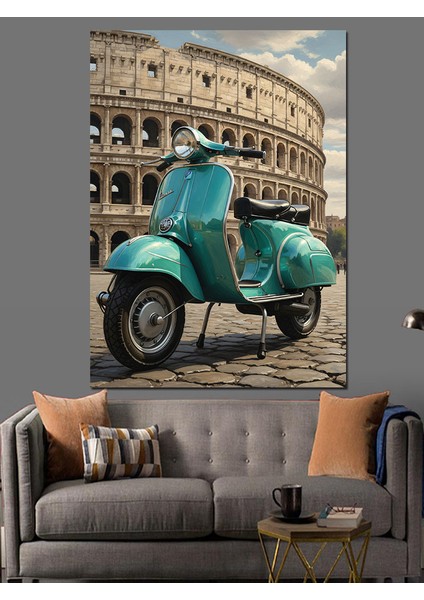 Roma'da Klasik Mavi Vespa Dekoratif Kanvas - Mdf Ahşap Tablo fırsatları