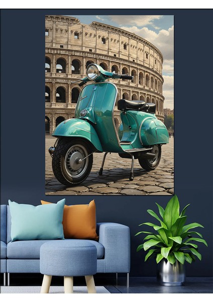 Roma'da Klasik Mavi Vespa Dekoratif Kanvas - Mdf Ahşap Tablo indirimleri