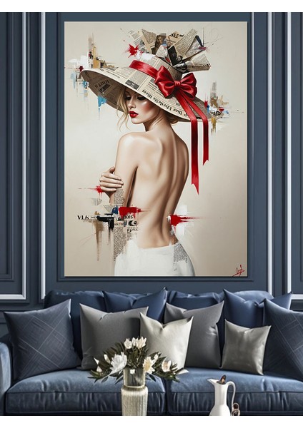 Büyük Şapkalı Kadın Dekoratif Kanvas - Mdf Ahşap Tablo