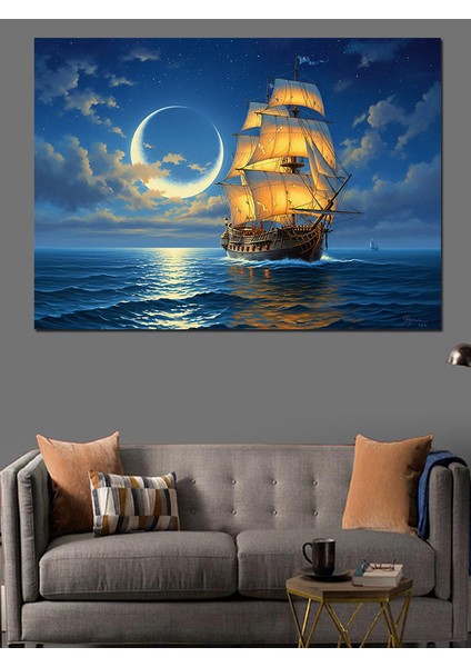 Ay Işığında Yelkenli Gemi Dekoratif Kanvas - Mdf Ahşap Tablo indirimleri