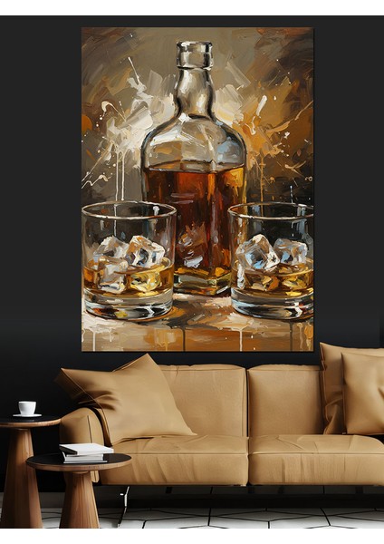 Buzlu Viski Kadehleri Dekoratif Kanvas - Mdf Ahşap Tablo