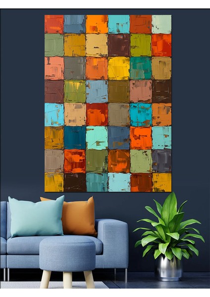 Renkli Mozaik Kare Desenler Dekoratif Kanvas - Mdf Ahşap Tablo