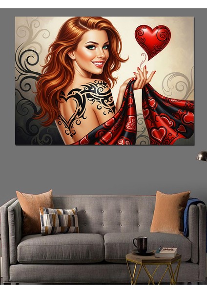 Kırmızı Saçlı Kadın Kalp Tutuyor Dekoratif Kanvas - Mdf Ahşap Tablo