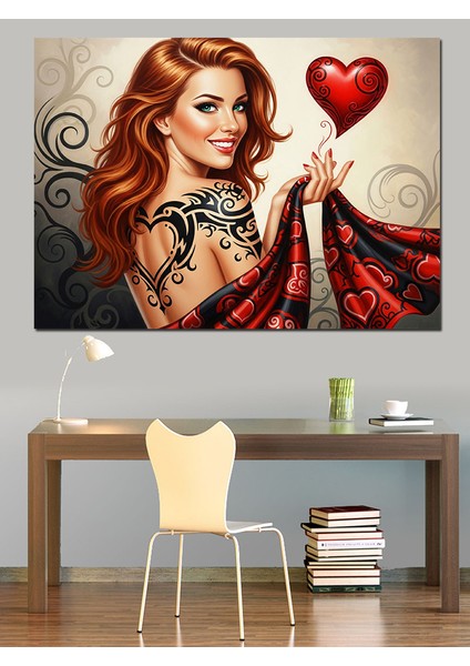 Kırmızı Saçlı Kadın Kalp Tutuyor Dekoratif Kanvas - Mdf Ahşap Tablo fiyatları