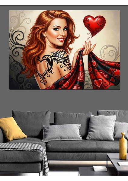 Kırmızı Saçlı Kadın Kalp Tutuyor Dekoratif Kanvas - Mdf Ahşap Tablo modelleri
