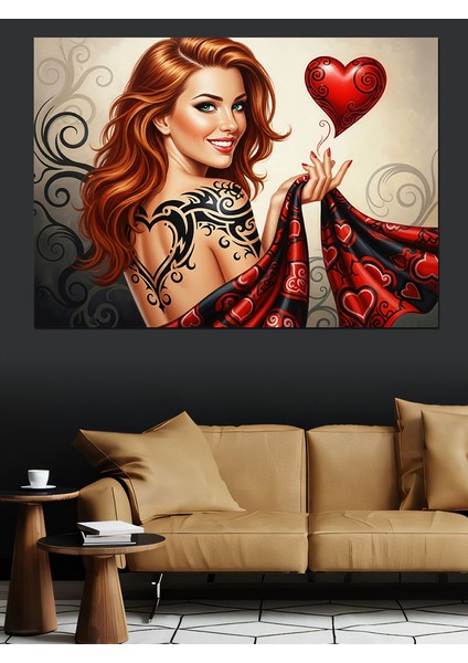 Kırmızı Saçlı Kadın Kalp Tutuyor Dekoratif Kanvas - Mdf Ahşap Tablo fırsatları