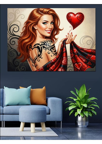 Kırmızı Saçlı Kadın Kalp Tutuyor Dekoratif Kanvas - Mdf Ahşap Tablo indirimleri
