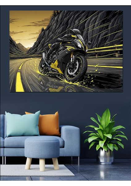 Islak Asfalt Yolda Sürat Yapan Motorcu Dekoratif Kanvas - Mdf Ahşap Tablo