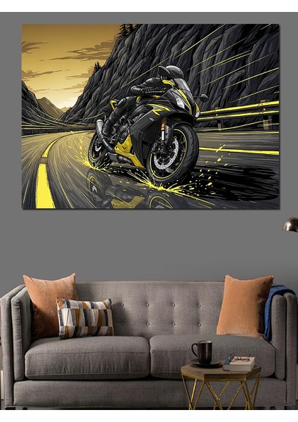 Islak Asfalt Yolda Sürat Yapan Motorcu Dekoratif Kanvas - Mdf Ahşap Tablo fiyatları