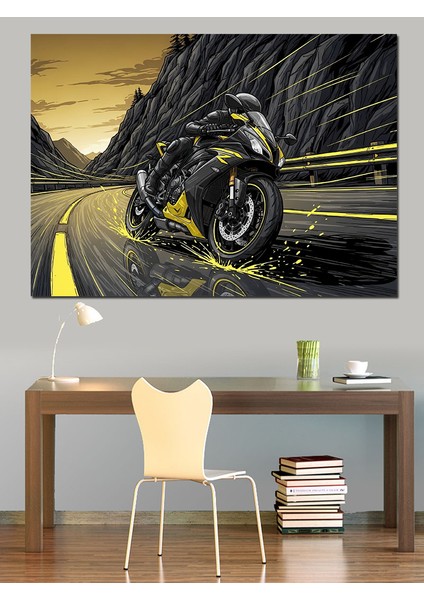 Islak Asfalt Yolda Sürat Yapan Motorcu Dekoratif Kanvas - Mdf Ahşap Tablo modelleri