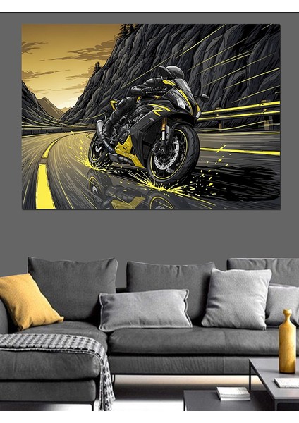 Islak Asfalt Yolda Sürat Yapan Motorcu Dekoratif Kanvas - Mdf Ahşap Tablo fırsatları