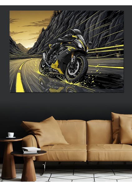 Islak Asfalt Yolda Sürat Yapan Motorcu Dekoratif Kanvas - Mdf Ahşap Tablo indirimleri