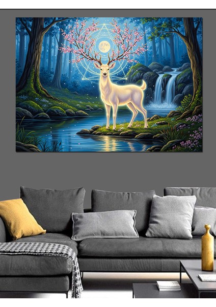 Karanlık Ormanda Su Kenarında Parlayan Geyik Dekoratif Kanvas - Mdf Ahşap Tablo