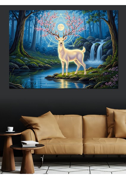 Karanlık Ormanda Su Kenarında Parlayan Geyik Dekoratif Kanvas - Mdf Ahşap Tablo fiyatları