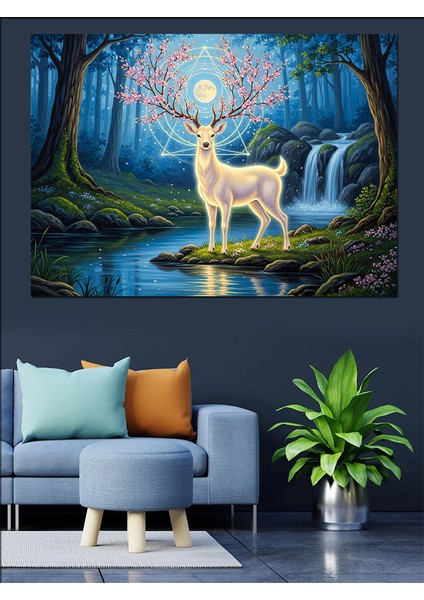 Karanlık Ormanda Su Kenarında Parlayan Geyik Dekoratif Kanvas - Mdf Ahşap Tablo modelleri