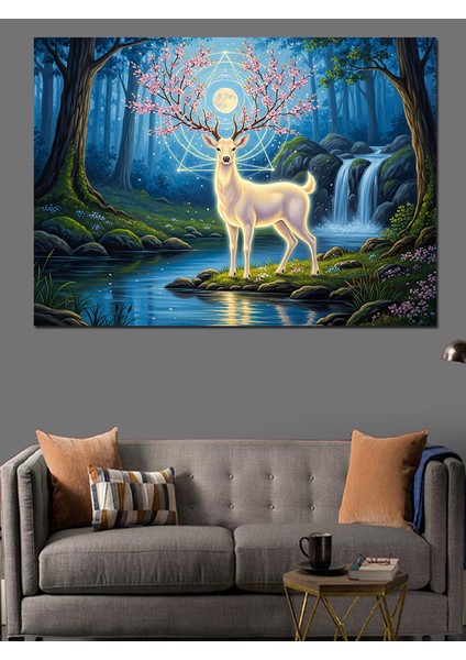 Karanlık Ormanda Su Kenarında Parlayan Geyik Dekoratif Kanvas - Mdf Ahşap Tablo fırsatları