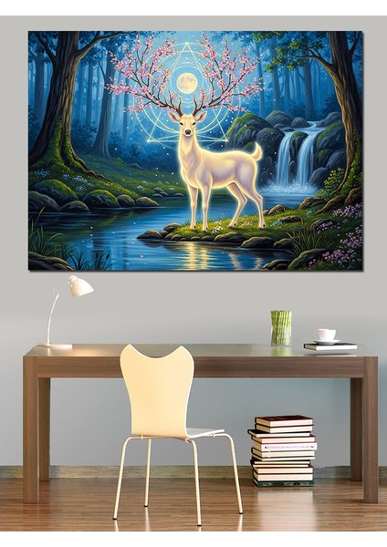 Karanlık Ormanda Su Kenarında Parlayan Geyik Dekoratif Kanvas - Mdf Ahşap Tablo indirimleri