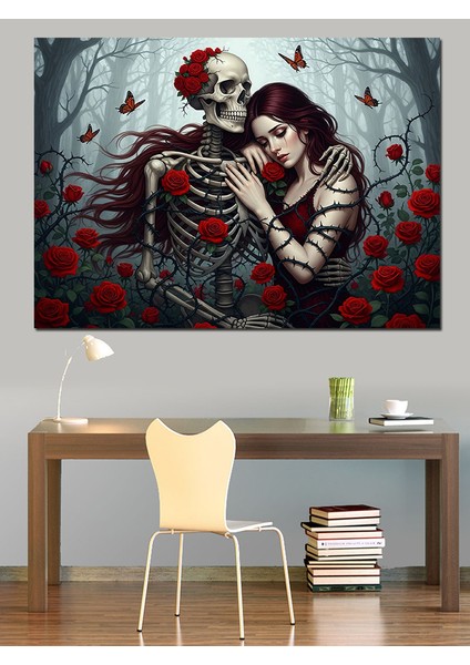 Iskelet Sevgili Aşk ve Ölüm Temalı Kırmızı Çiçek Detaylı Dekoratif Kanvas - Mdf Ahşap Tablo