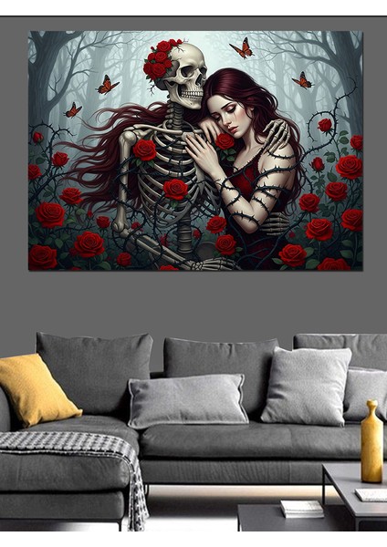 Iskelet Sevgili Aşk ve Ölüm Temalı Kırmızı Çiçek Detaylı Dekoratif Kanvas - Mdf Ahşap Tablo fiyatları