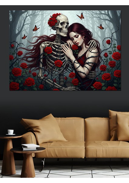 Iskelet Sevgili Aşk ve Ölüm Temalı Kırmızı Çiçek Detaylı Dekoratif Kanvas - Mdf Ahşap Tablo modelleri