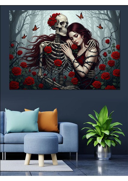 Iskelet Sevgili Aşk ve Ölüm Temalı Kırmızı Çiçek Detaylı Dekoratif Kanvas - Mdf Ahşap Tablo fırsatları