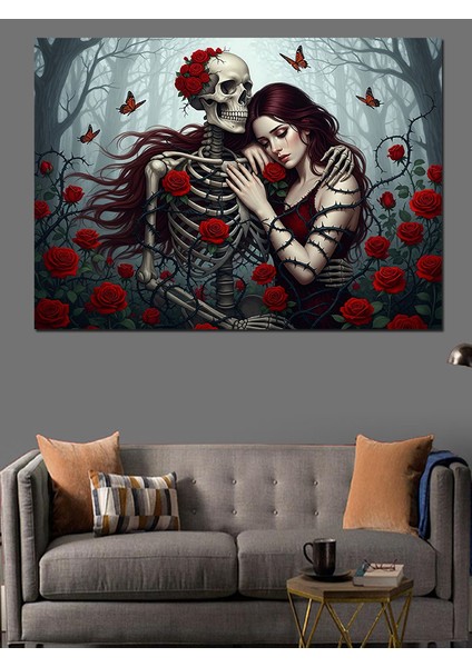 Iskelet Sevgili Aşk ve Ölüm Temalı Kırmızı Çiçek Detaylı Dekoratif Kanvas - Mdf Ahşap Tablo indirimleri
