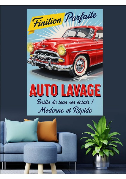 Kırmızı Araba Oto Yıkama Dekoratif Kanvas - Mdf Ahşap Tablo