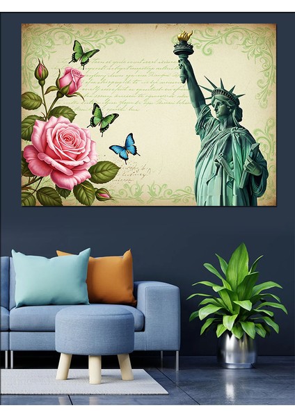 Kelebekler, Güller ve Özgürlük Heykeli Dekoratif Kanvas - Mdf Ahşap Tablo