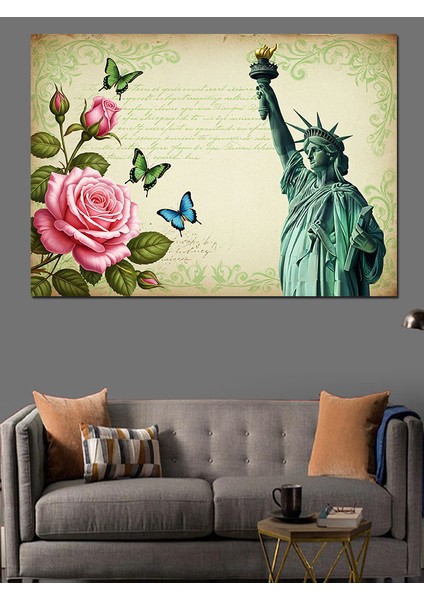 Kelebekler, Güller ve Özgürlük Heykeli Dekoratif Kanvas - Mdf Ahşap Tablo fiyatları