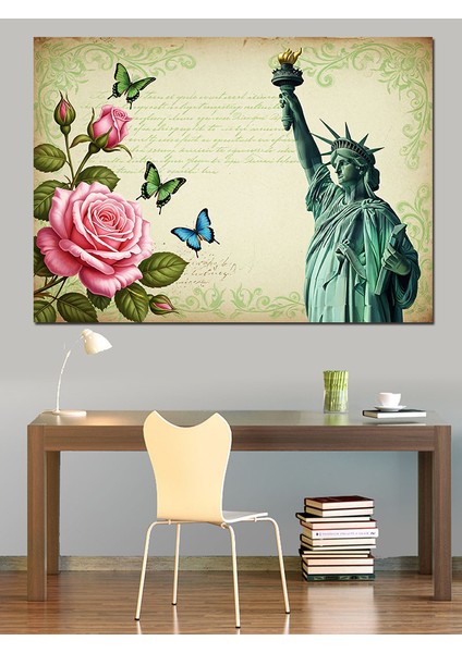 Kelebekler, Güller ve Özgürlük Heykeli Dekoratif Kanvas - Mdf Ahşap Tablo modelleri