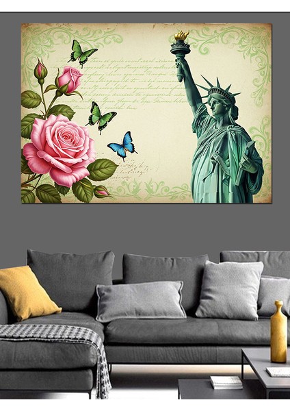 Kelebekler, Güller ve Özgürlük Heykeli Dekoratif Kanvas - Mdf Ahşap Tablo fırsatları