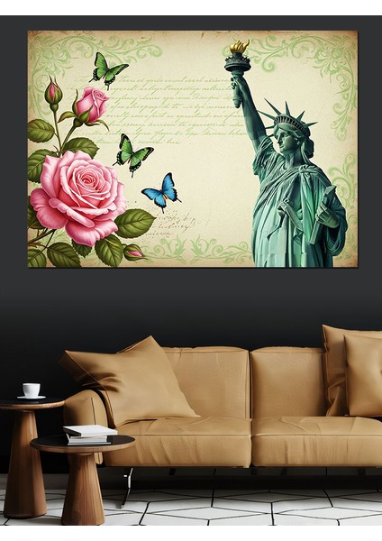 Kelebekler, Güller ve Özgürlük Heykeli Dekoratif Kanvas - Mdf Ahşap Tablo indirimleri