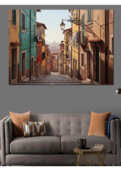 Retro Görünümlü Avrupa Sokağı Dekoratif Kanvas - Mdf Ahşap Tablo