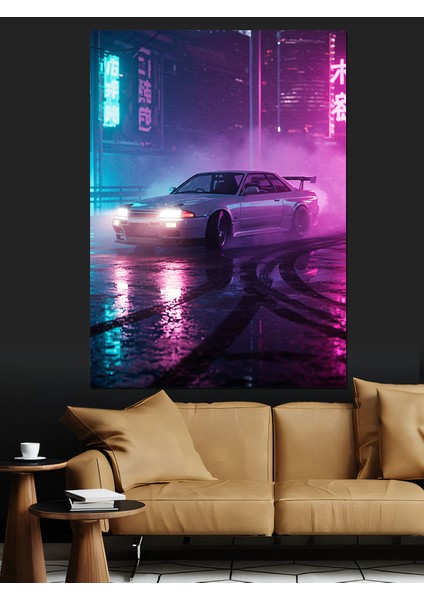 Neon Işıklı Hızlı Araba Dekoratif Kanvas - Mdf Ahşap Tablo